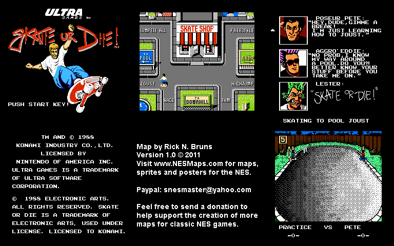 Skate or Die! - Joust Nintendo NES Map