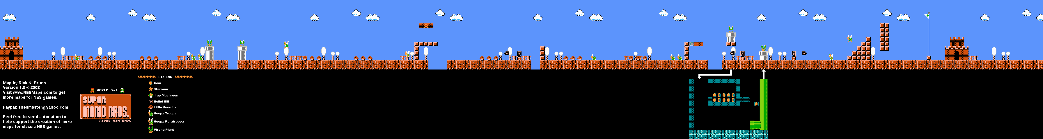 Super Mario Brothers - World 5-1 Nintendo NES Map