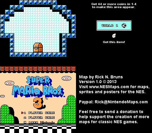 Super Mario Brothers 3 - World 1 White Toad's House Nintendo NES Map BG